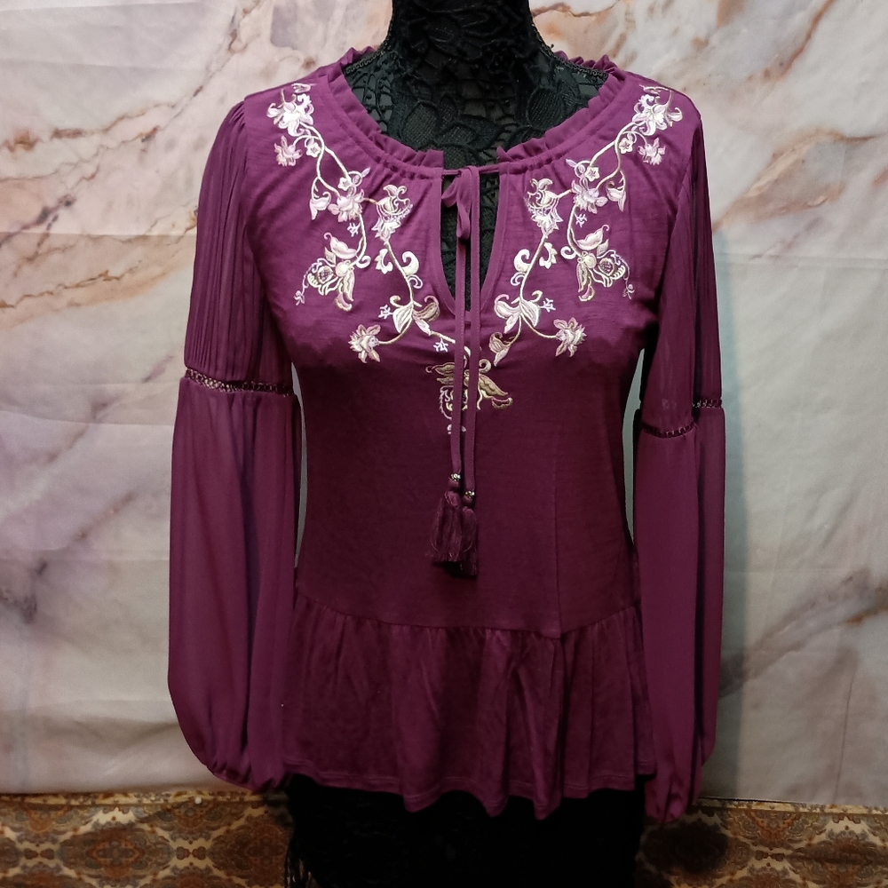 NWT White House Black Market Purple Boho Embroidered Blouse